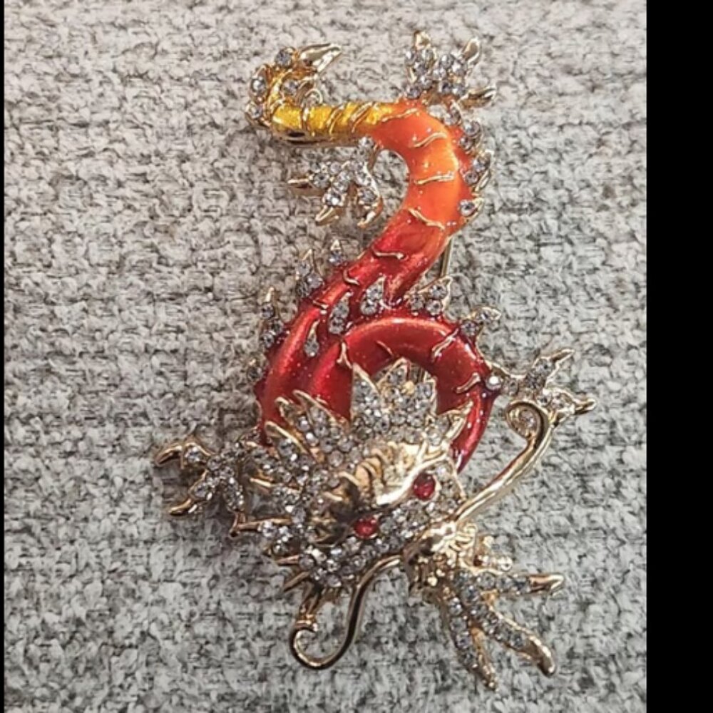 Orange & Red Enamel Chinese Dragon Brooch